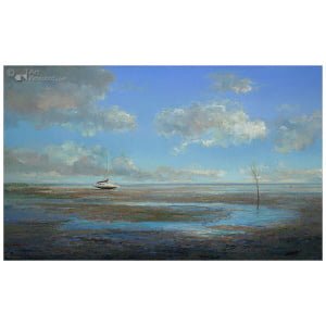 Waddenlandschap met drooggevallen trimaran