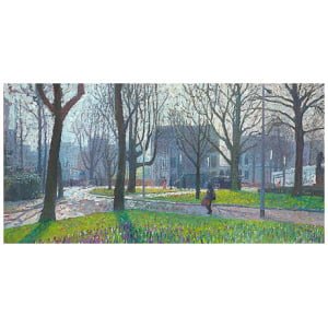 een schilderij van een persoon die in het park loopt