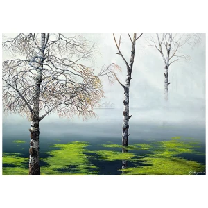 een schilderij van drie bomen in de mist