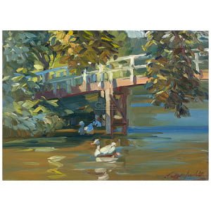 een schilderij van eenden die onder een brug zwemmen