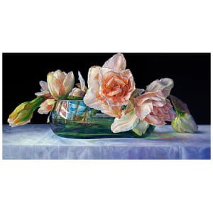 een schilderij van bloemen in een vaas op een tafel