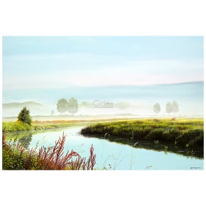 een schilderij van een rivier midden in een veld