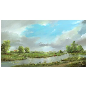 een schilderij van een rivier met grazende koeien in de verte