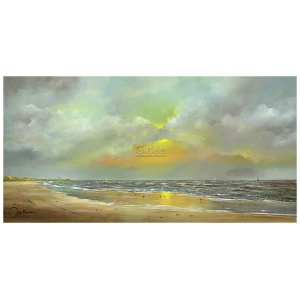 een schilderij van een strand met wolken en water