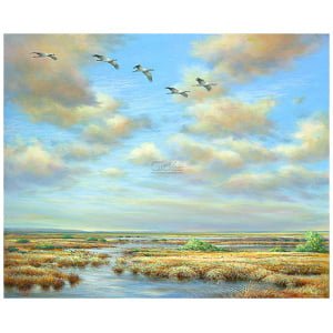 een schilderij van vogels die over een moeras vliegen