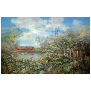 een schilderij van een trein die over een brug rijdt