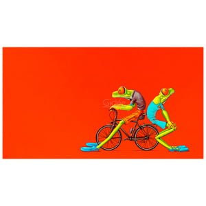 twee mensen rijden op een fiets, terwijl één persoon blauw en geel draagt