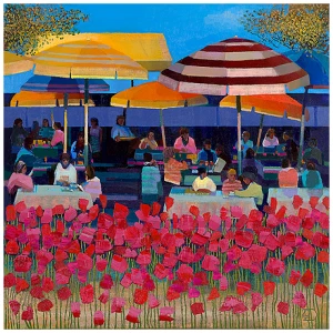 een schilderij van mensen die aan tafels zitten met parasols