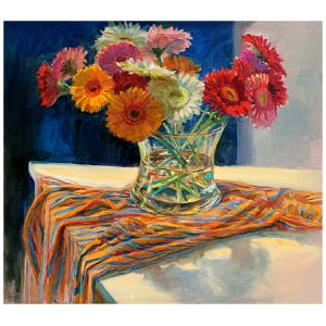 een schilderij van bloemen in een vaas op een tafel