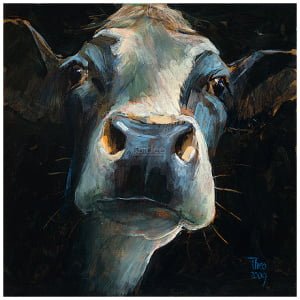 een schilderij van het gezicht van een koe in zwart-wit