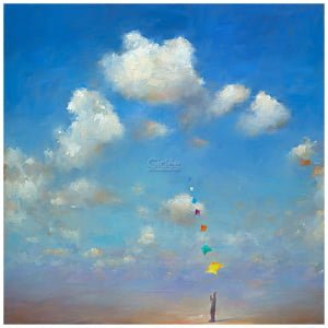 een schilderij van een persoon die een vlieger in de lucht houdt