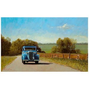 een schilderij van een blauwe vrachtwagen die over een landweg rijdt