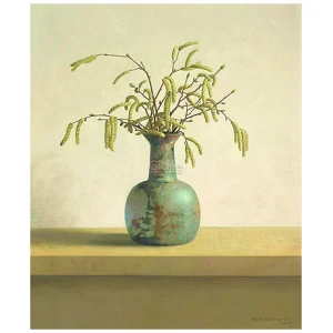 een schilderij van een groene vaas met bloemen erin