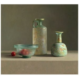 een schilderij van drie vazen ​​en een kom