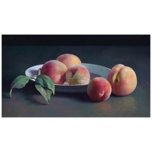 een schilderij van drie perziken op een bord