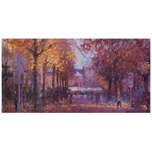 een schilderij van mensen die door een park lopen