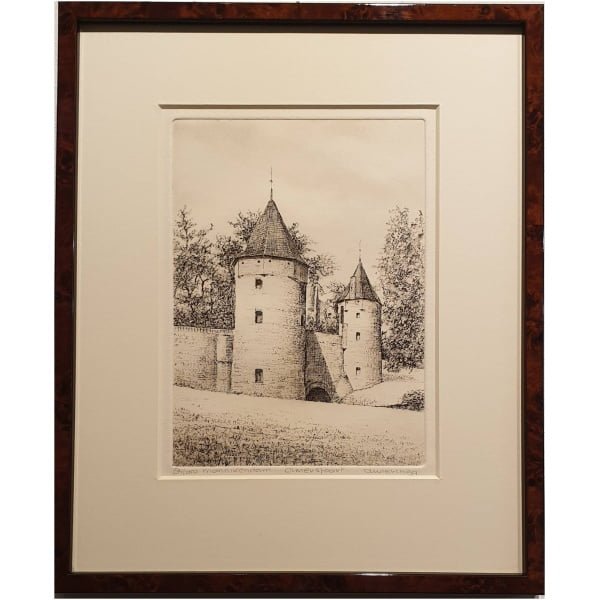 een zwart-wit tekening van een kasteel