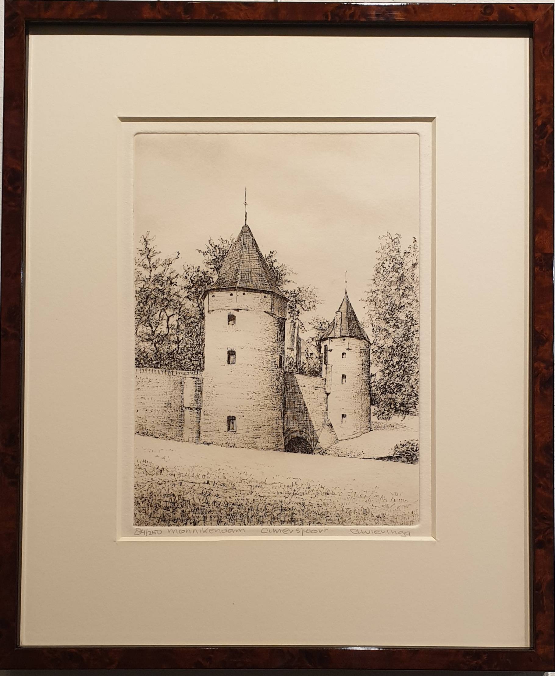een zwart-wit tekening van een kasteel