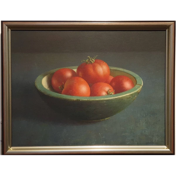 een schilderij van tomaten in een groene kom