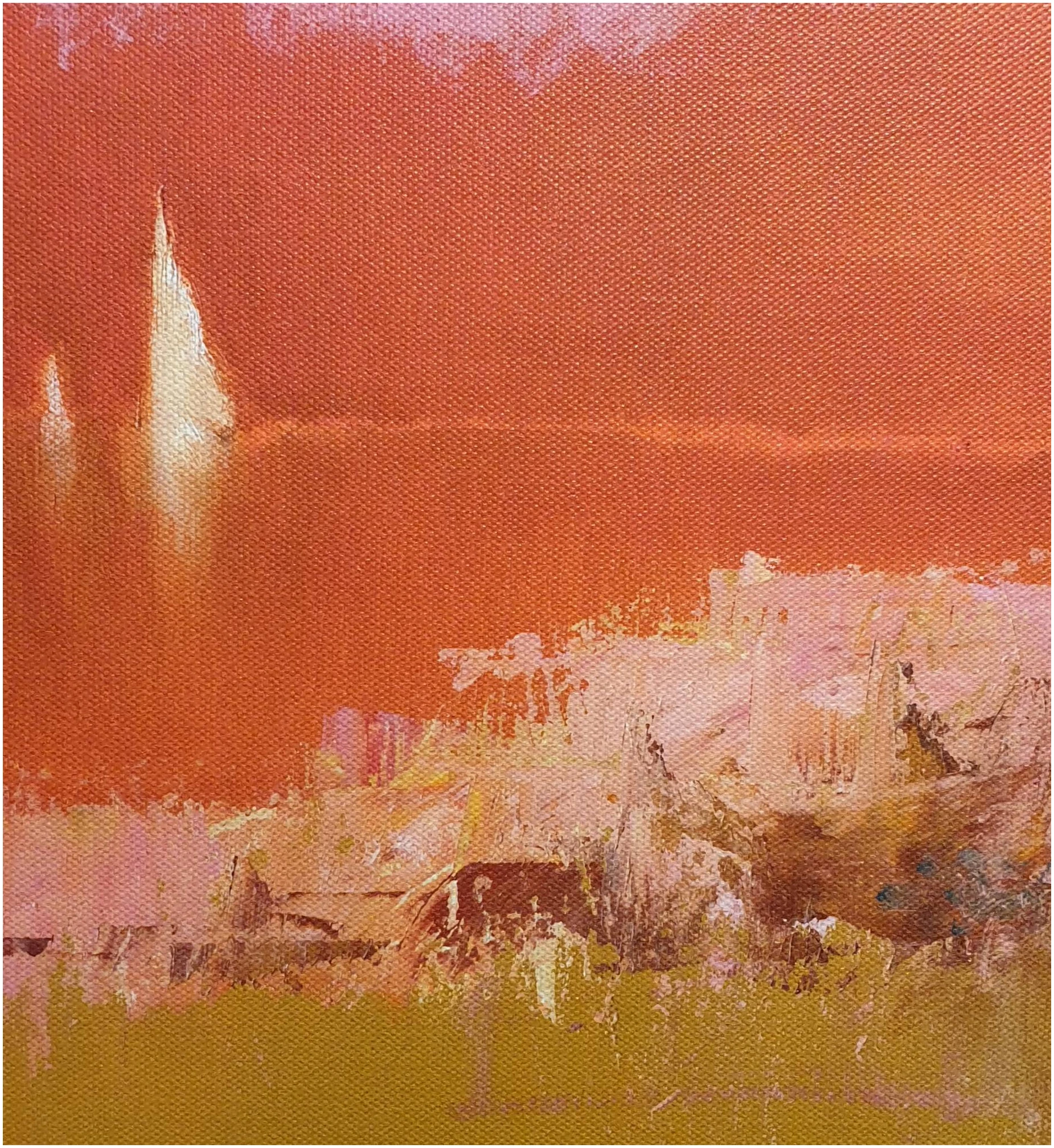 een abstract schilderij met oranje en gele kleuren