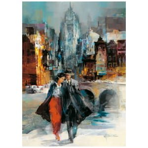 een schilderij van twee mensen die in de sneeuw lopen