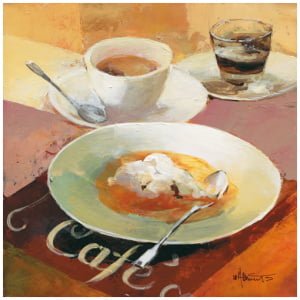een schilderij van een bord eten en een kop koffie