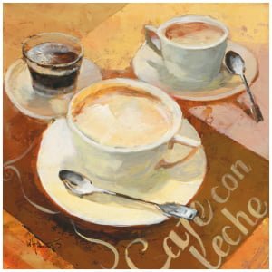 een schilderij van twee kopjes koffie op een tafel