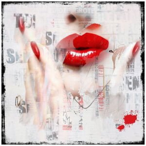 een collage van rode lippen en handen met bloed erop