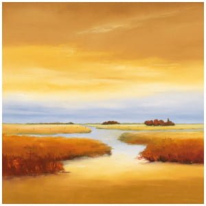 een schilderij van een rivier die door een veld stroomt