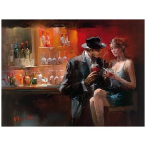 een schilderij van een man en vrouw die aan een bar zitten