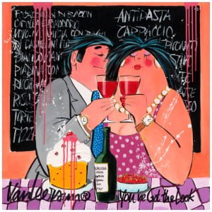 een schilderij van twee mensen die samen wijn drinken