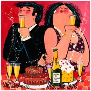 een schilderij van twee mensen die champagneglazen vasthouden