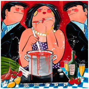 een schilderij van twee mensen die eten en drinken