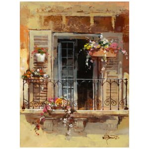 een schilderij van een balkon met bloemen erop