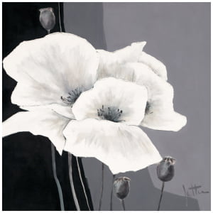 een schilderij van witte bloemen op een zwarte achtergrond