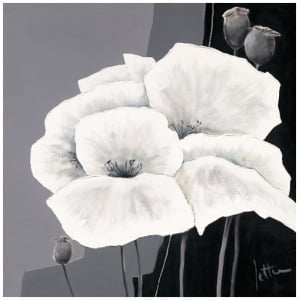 een schilderij van drie witte bloemen op een grijze achtergrond