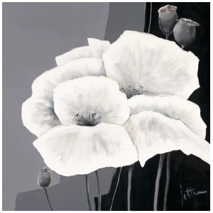 een schilderij van drie witte bloemen op een grijze achtergrond