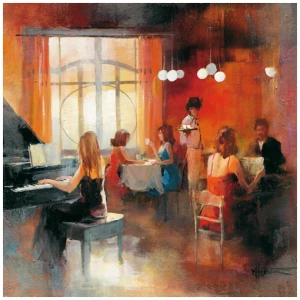 een schilderij van mensen die rond een piano zitten