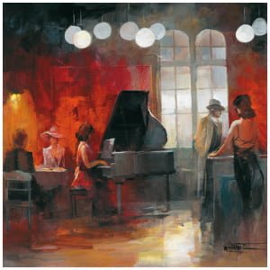 een schilderij van mensen die piano spelen in een kamer