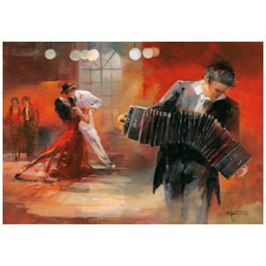 een schilderij van een man die accordeon speelt