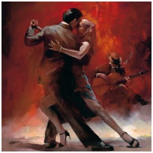 een schilderij van twee mensen die dansen voor een rode achtergrond