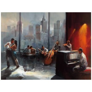 een schilderij van mensen die muziek spelen in een stad