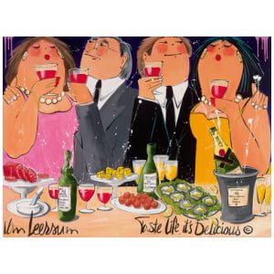een schilderij van drie mensen die wijn drinken aan een tafel