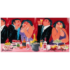 een schilderij van drie mensen die aan een tafel zitten