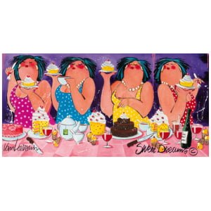 een schilderij van drie vrouwen die taart eten en wijn drinken