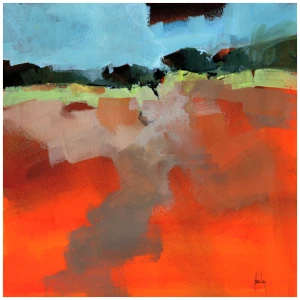een abstract schilderij met oranje en blauwe kleuren