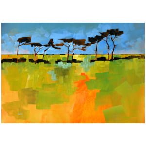 een abstract schilderij van bomen in de verte