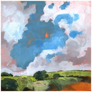 een abstract schilderij van wolken boven een veld
