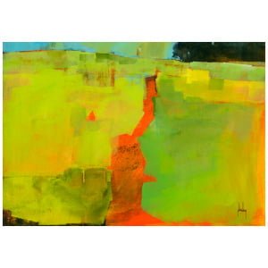 een abstract schilderij met groene en gele kleuren