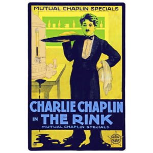 een poster waarop reclame wordt gemaakt voor Charlie Chaplin op de ijsbaan